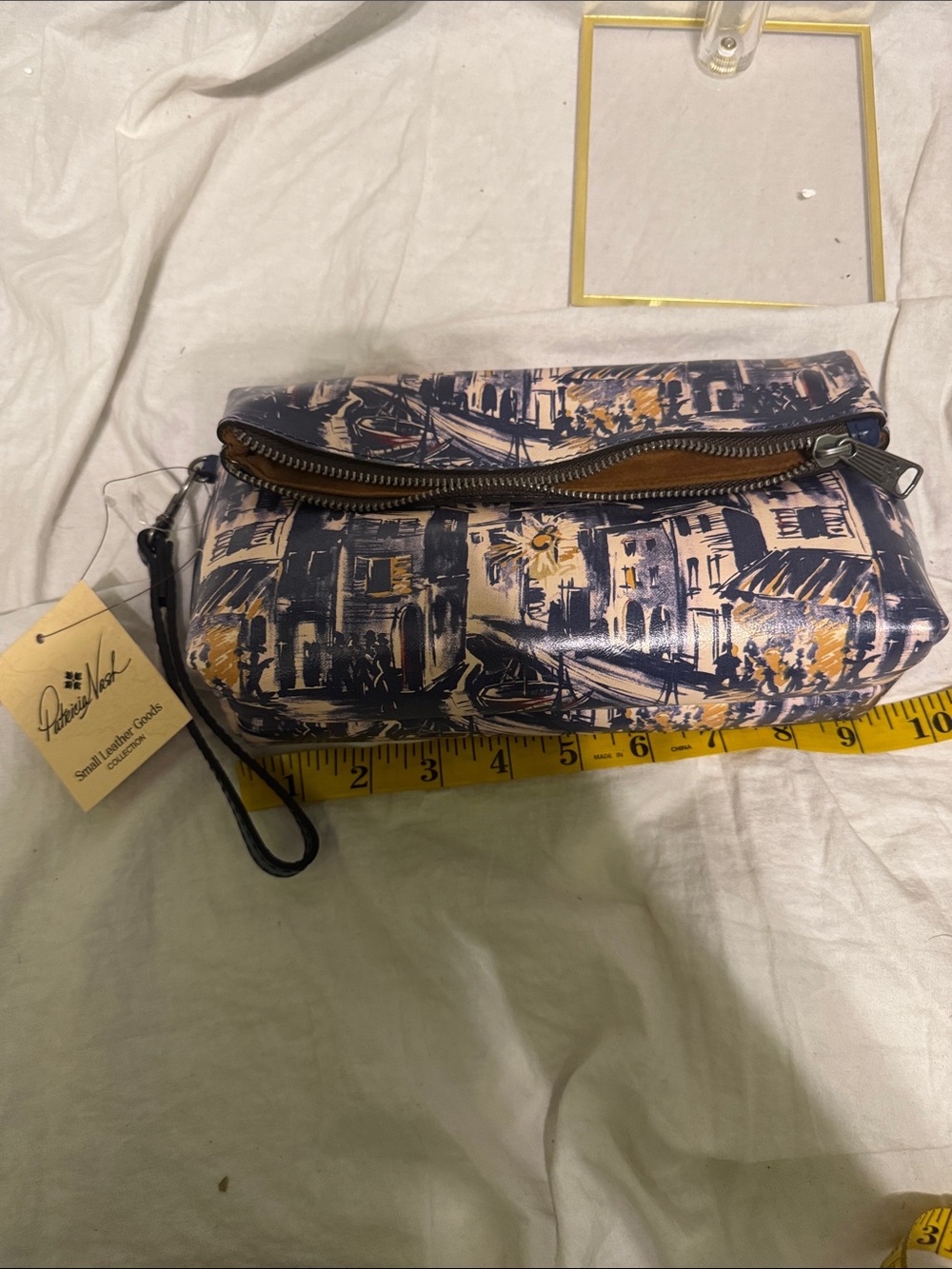 Patricia Nash Blue & Cream Printed Leather Wristlet Pouch